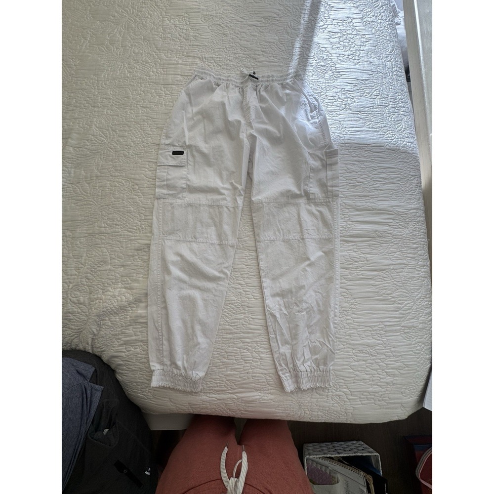 Men's White Cotton Elastic Waist Drawstring Cargo Pockets Elastic Cuffs Size L